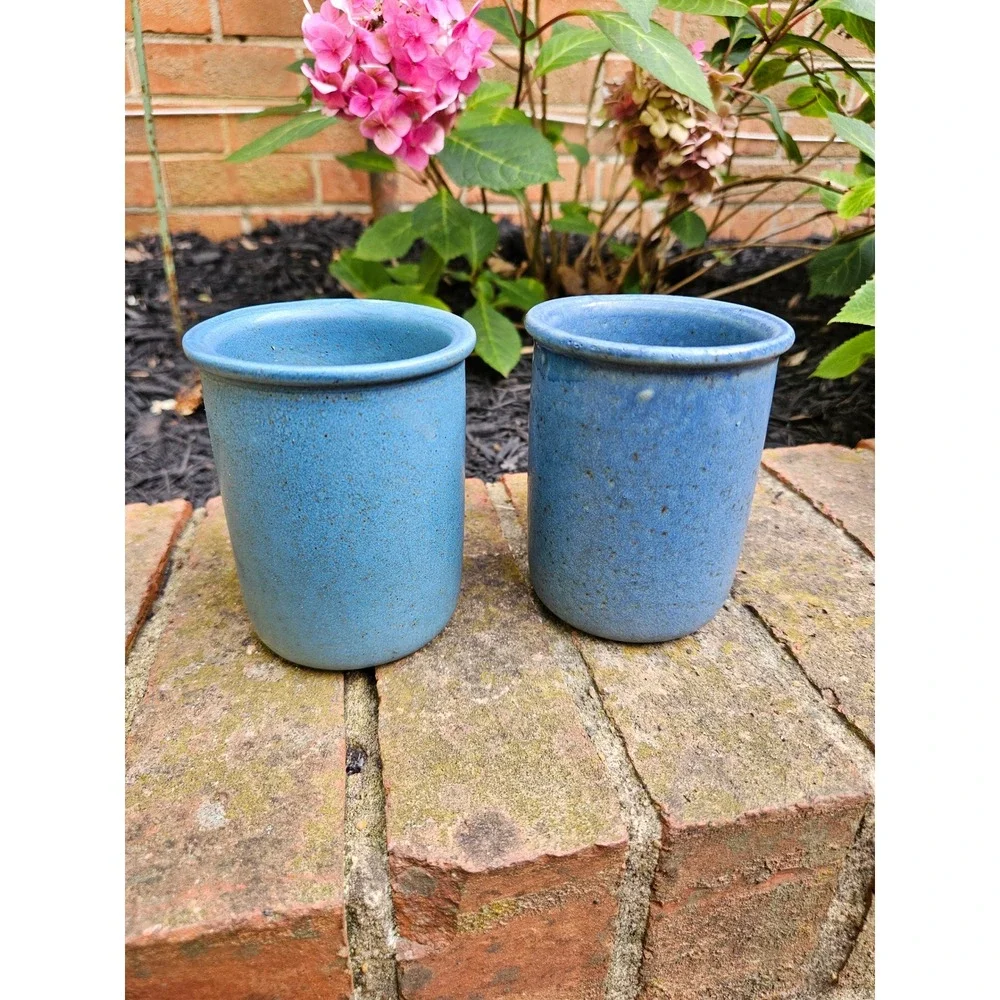 Vintage Bennington Pottery Blue Agate Stoneware Mugs, Set of 2